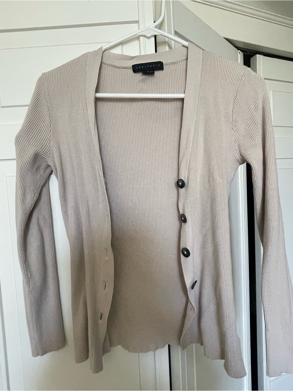 Sanctuary Ribbed Button-Front Cardigan - Light Taupe
